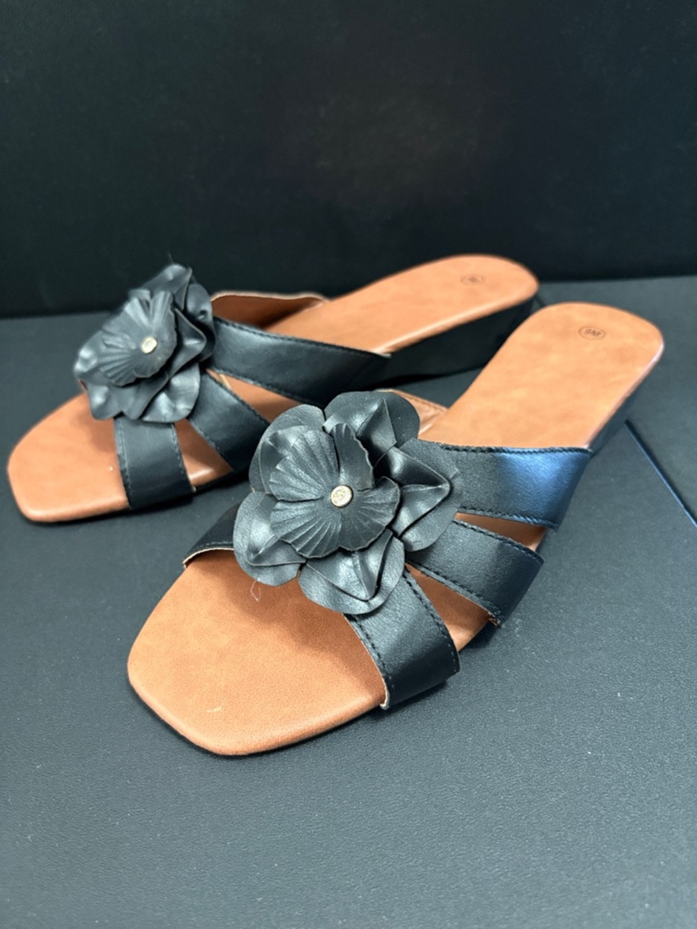 Women's Black Floral Leather Slide Sandals